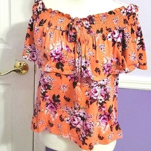 No Comment Orange Floral Ruffled Off Shoulder Flutter Summer Beach Top S